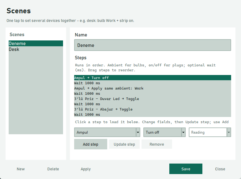 Home PC Hub scene editor chaining multiple device actions